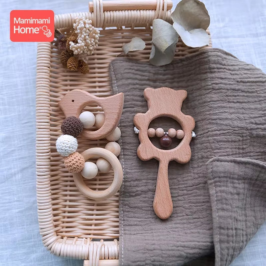 Baby Wooden Teether Baby Nursing Bracelets Music Rattle BPA Free Wooden Rodent Rings Crochet Beads Children'S Goods Toys