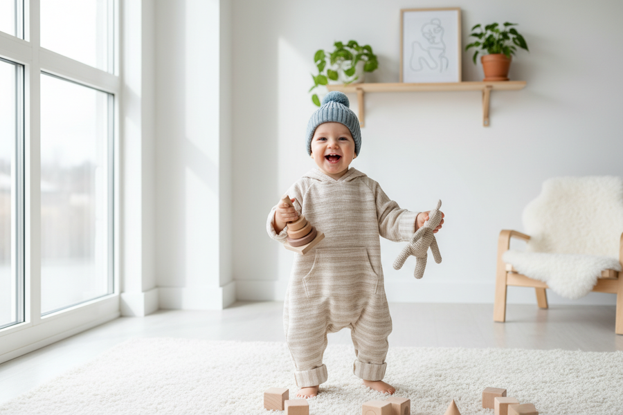 lav et billede af et barn der leger i et stilfuldt comfort baby outfit