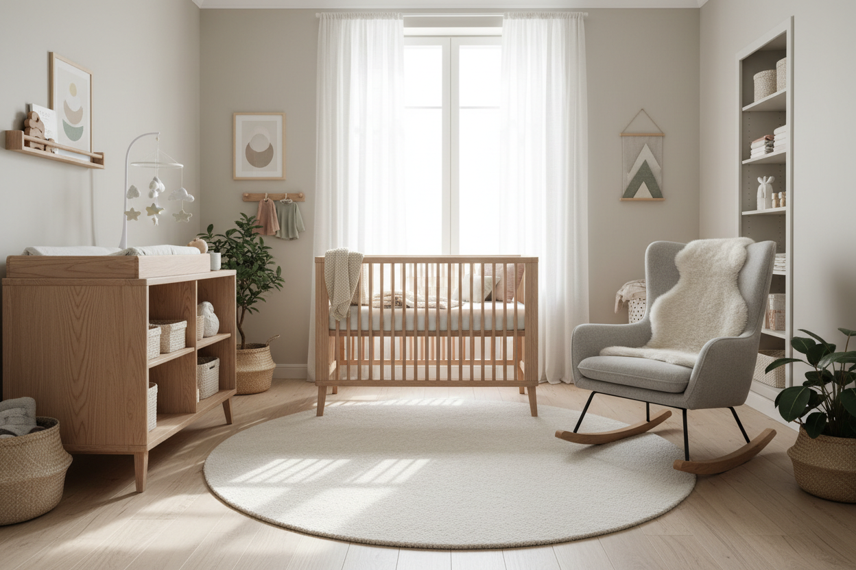 stilfuld baby værelse med møbler i centrum